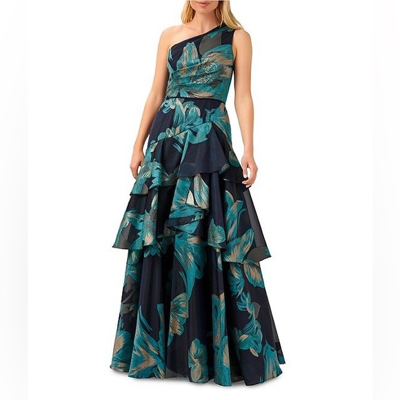 Aidan Mattox Metallic Floral Print Jacquard One Shoulder Tiered Gown Size 4
